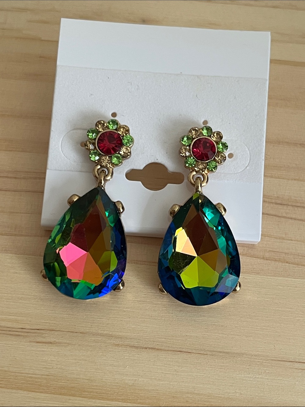 Gold-Tone Multicolor Teardrop Crystal Drop Earrings - Vibrant Green & Blue